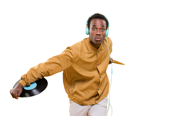 Man in yellow t-shirt holding radio